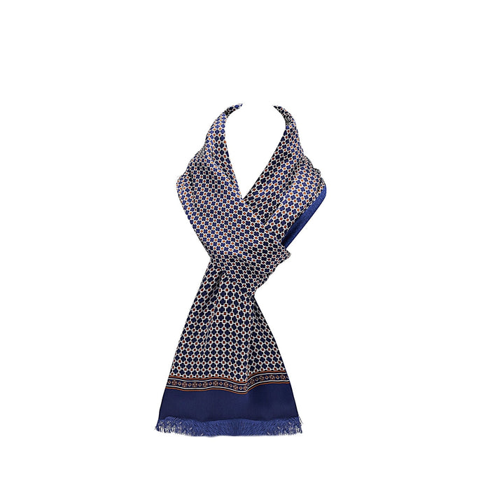 A Cross Pattern Long Silk Brushed Scarf from SusanSilk, featuring blue and white geometric designs and fringe ends, arranged upright and overlapping in the center.