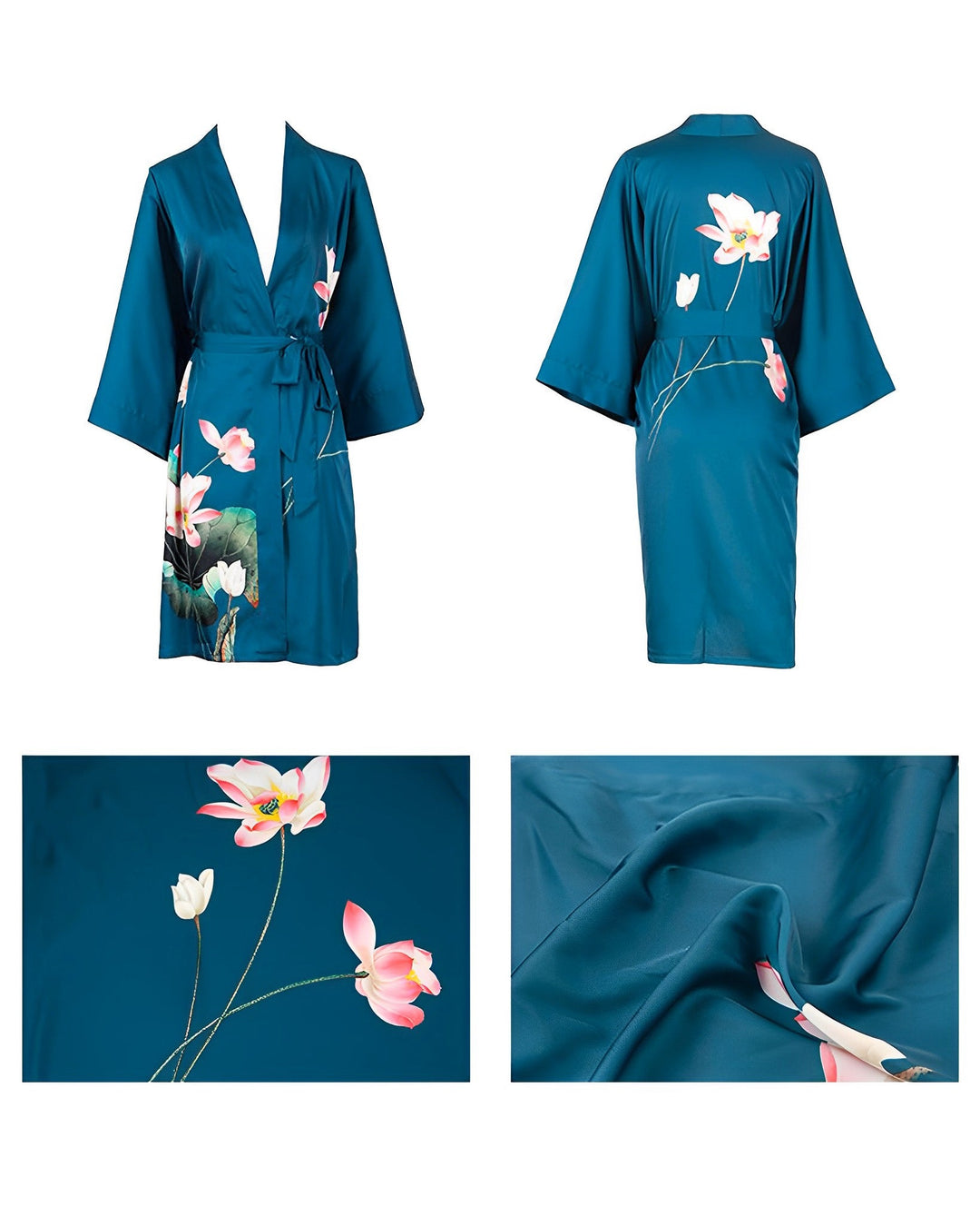 Dark Green Silk Kimono With Lotus Flowers - SusanSilk