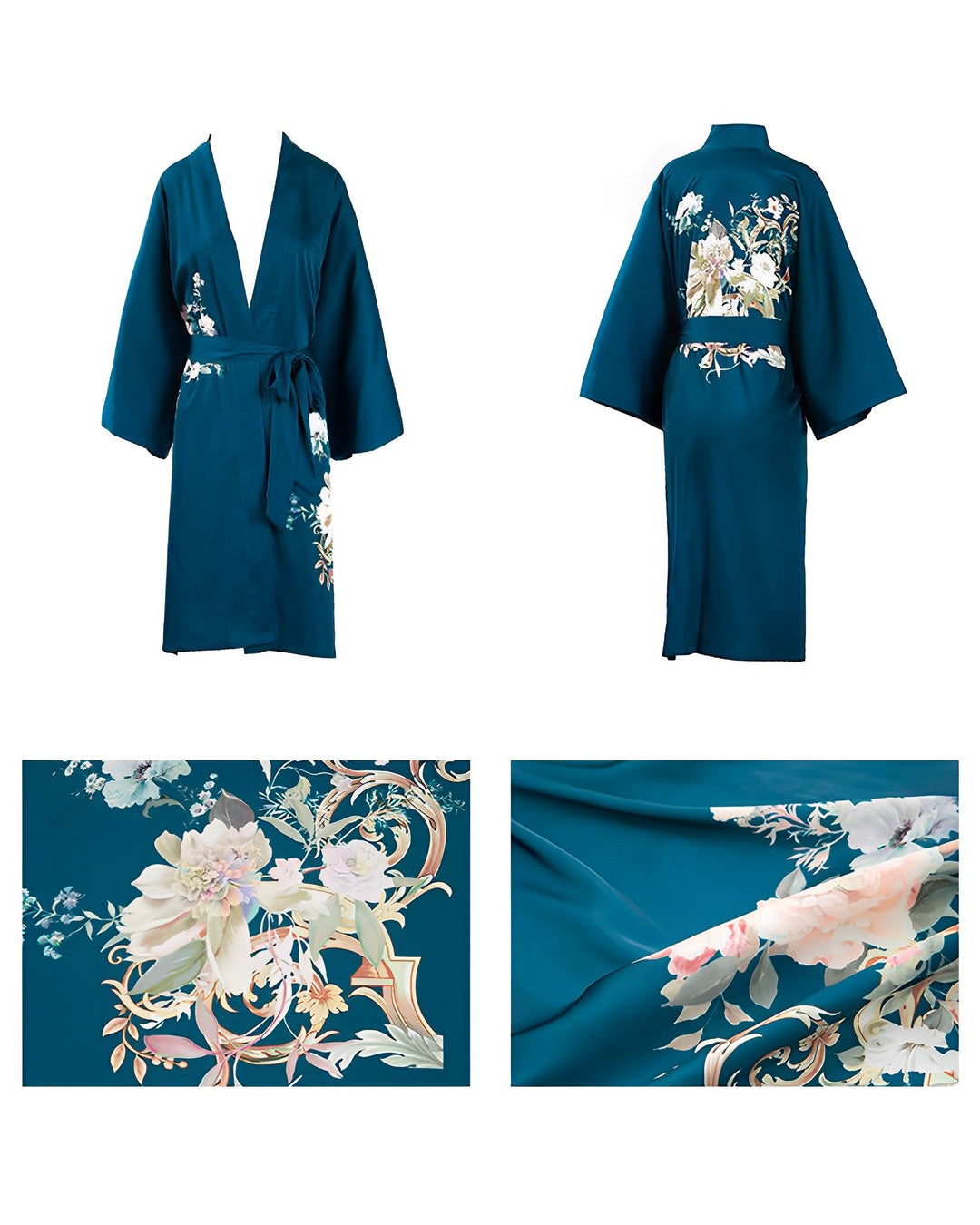 Peony Floral Short Silk Kimono in teal, showcasing floral patterns; front and back views displayed. Close-up images highlight detailed flower designs by SusanSilk.