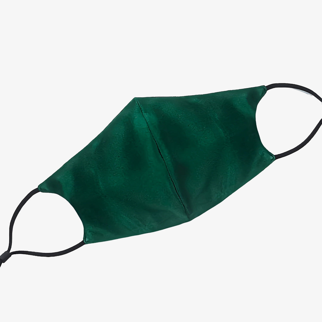 A green Double Layer Silk Face Mask with Nose Wire from SusanSilk, featuring black ear loops, is displayed against a plain white background.