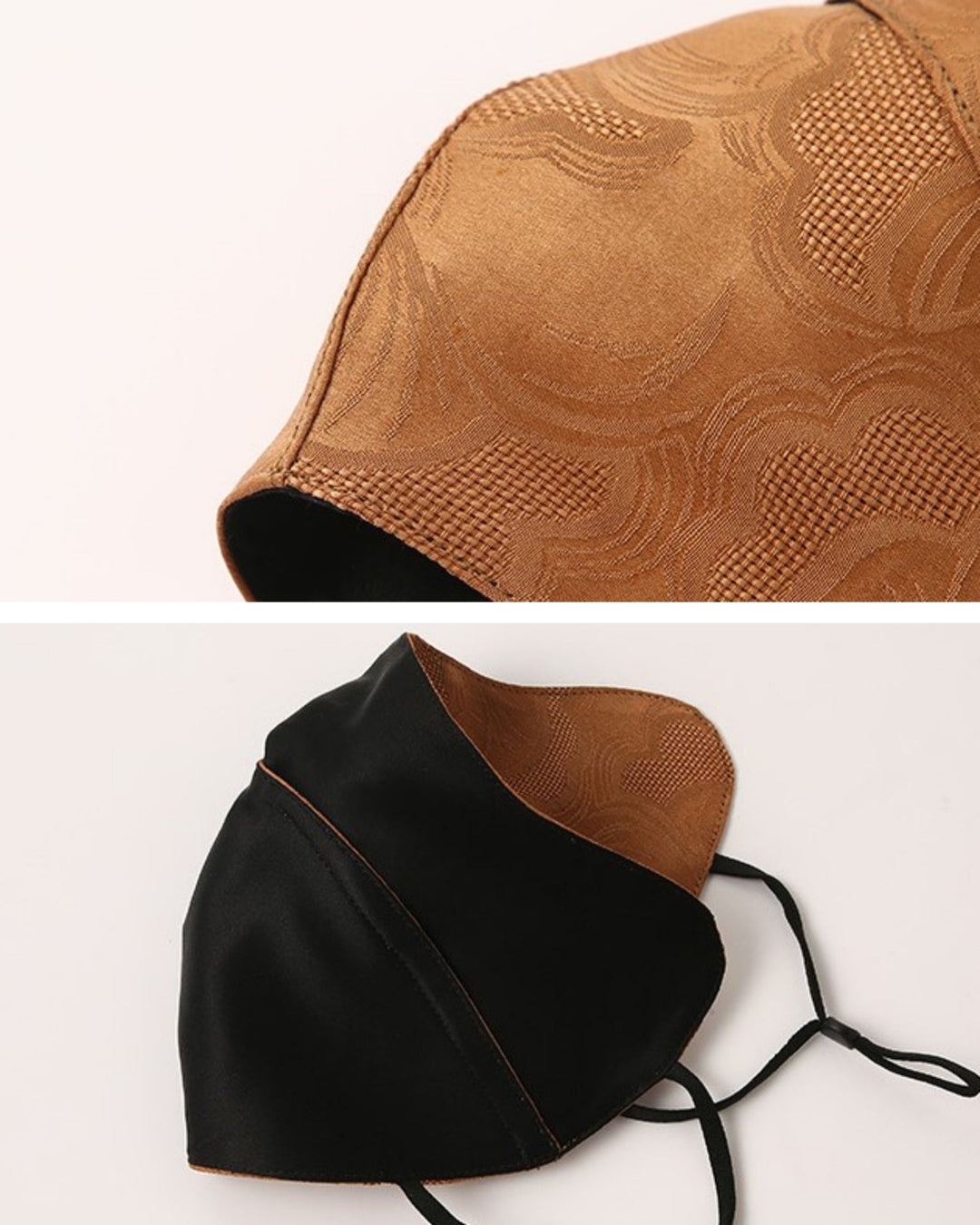 Two fabric face masks by SusanSilk: The first mask, part of the Jacquard Upturned Brim Hat & Face Mask set, features a luxurious brown patterned design on silk. The second mask is black with a contrasting brown inner lining and adjustable ear loops. Both masks are elegantly displayed on a light background.