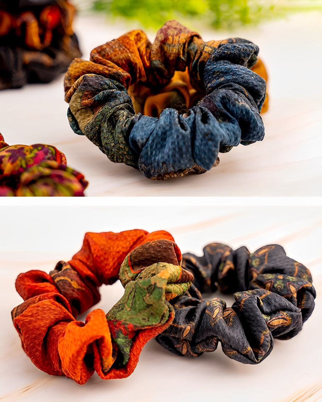 Two close-up views of SusanSilk Gambiered Canton Gauze Silk Scrunchies 3cm in vibrant colors and varied patterns, displayed on a light background. The top image features a single scrunchie, while the bottom image showcases two scrunchies.