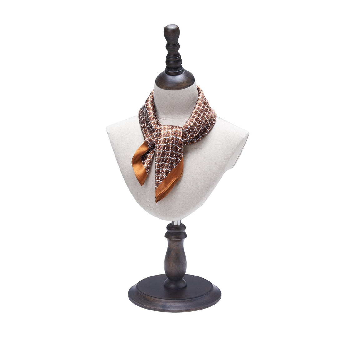 The Lucky Clover Square Silk Scarf by SusanSilk is displayed on a mannequin bust with a dark wooden stand.