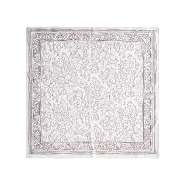 A Paisley Series Square Silk Scarf by SusanSilk, featuring a detailed floral and paisley pattern in gray and light brown with a geometric border, is laid flat on a white background.