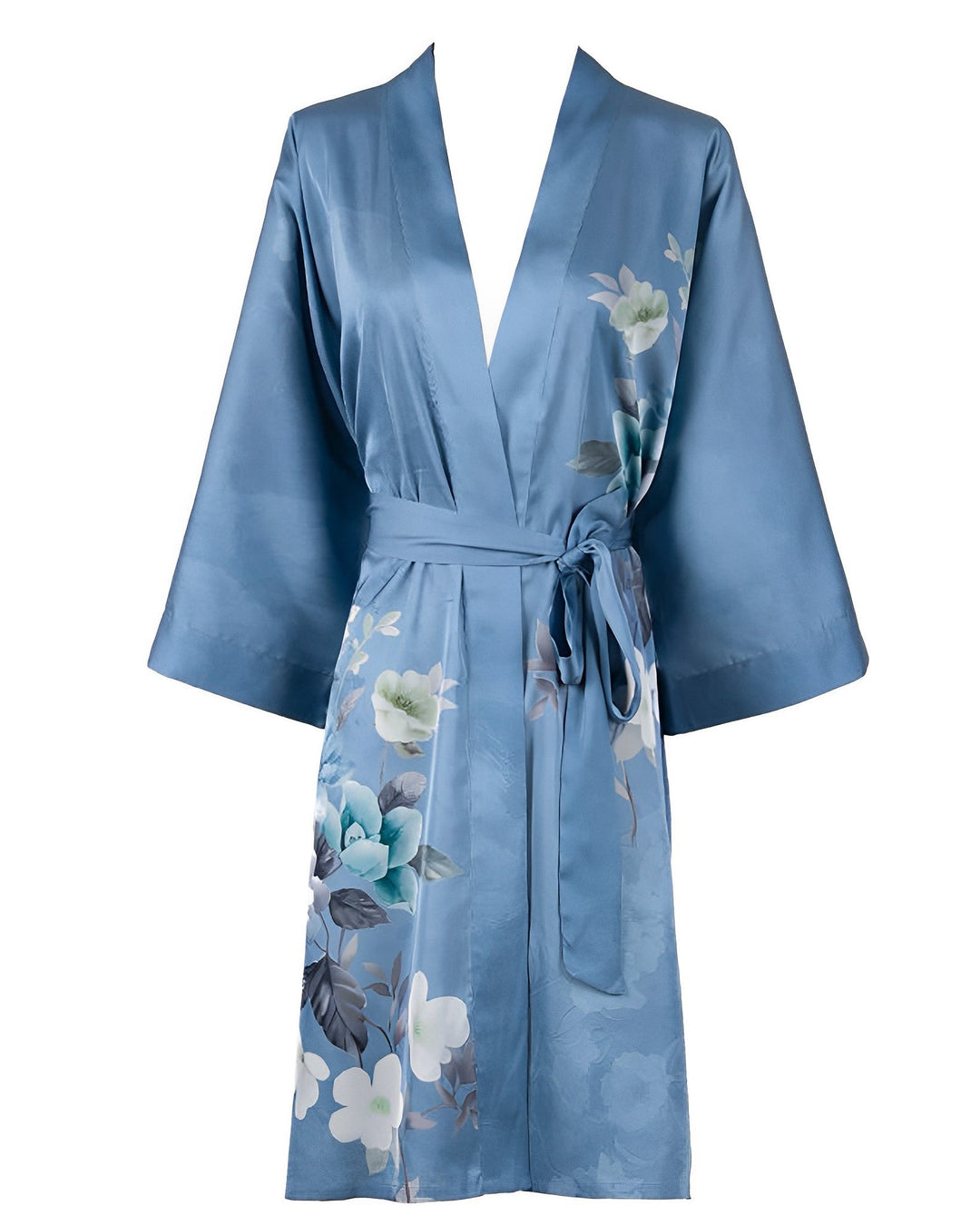 A Blue Floral Short Silk Kimono from SusanSilk, featuring wide sleeves and an open front design, complete with a matching belt and adorned with floral patterns.