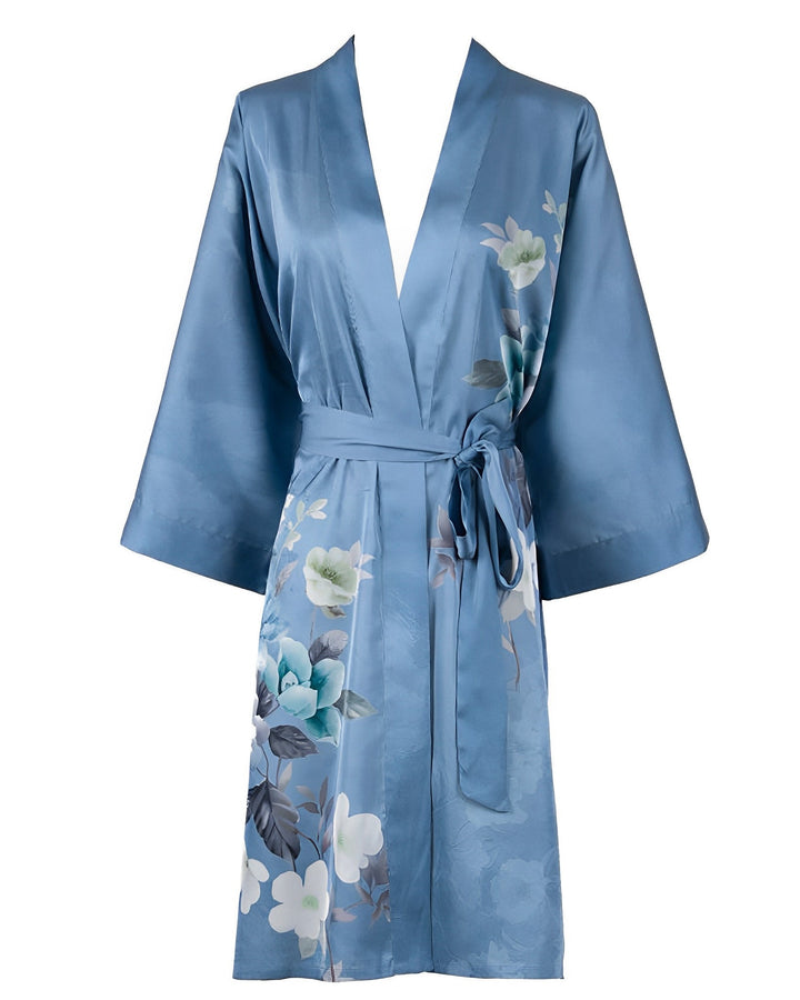 A Blue Floral Short Silk Kimono from SusanSilk, featuring wide sleeves and an open front design, complete with a matching belt and adorned with floral patterns.