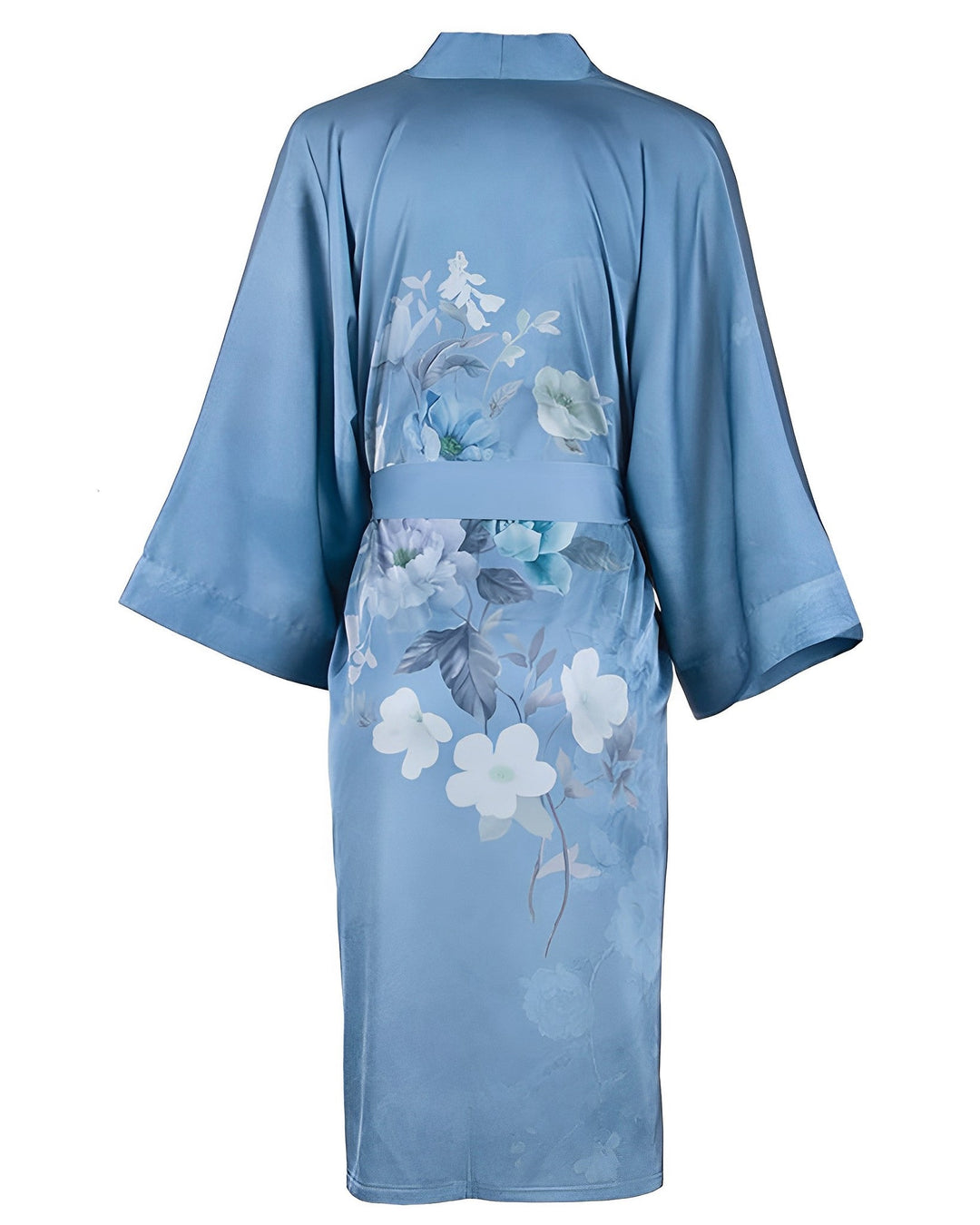 The SusanSilk Blue Floral Short Silk Kimono features a light blue backdrop adorned with white and blue flowers accented by green leaves on the back. This elegant piece includes wide sleeves and comes with a matching belt.